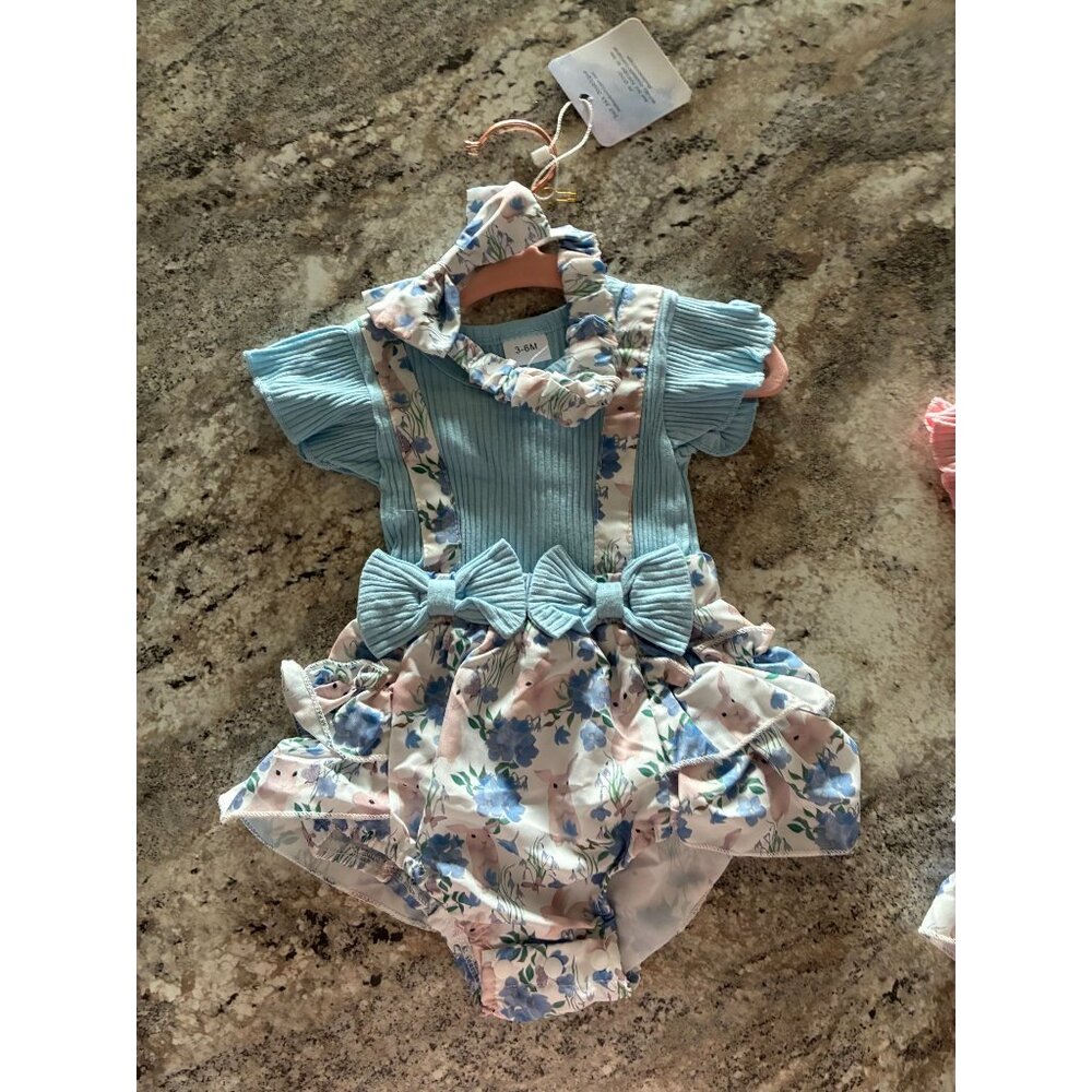 Baby Bunny Floral Ribbed Romper With Ruffled Skirt & Bows